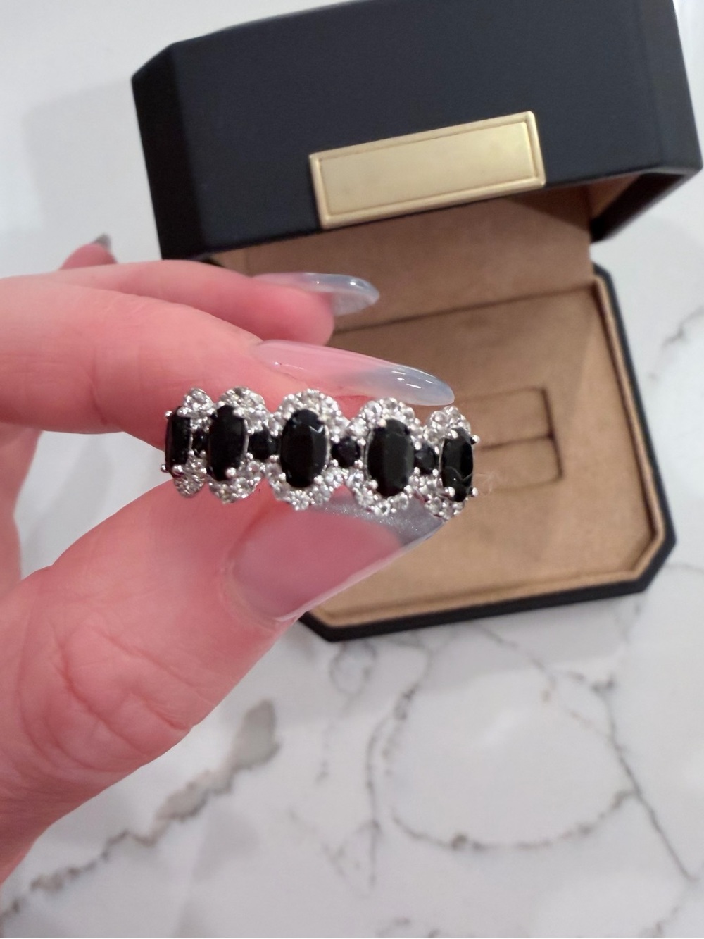925 Sterling Silver Genuine Black Onyx and Cubic Zirconia Statement Ring, size 7